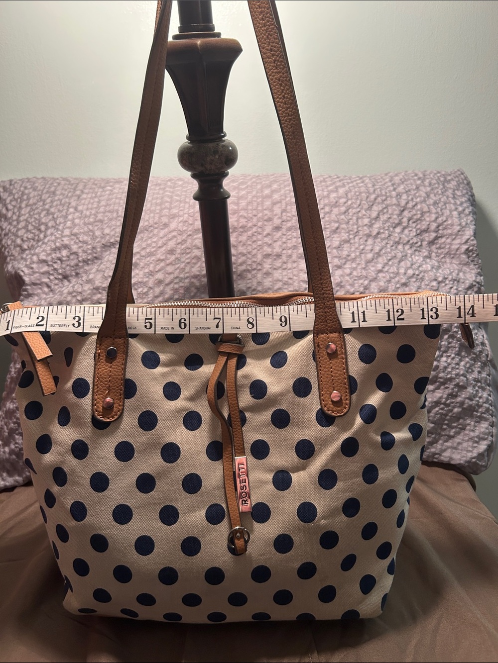Rosetti Navy Polka Dot Canvas Tote with Tan Trim - Picture 7 of 8